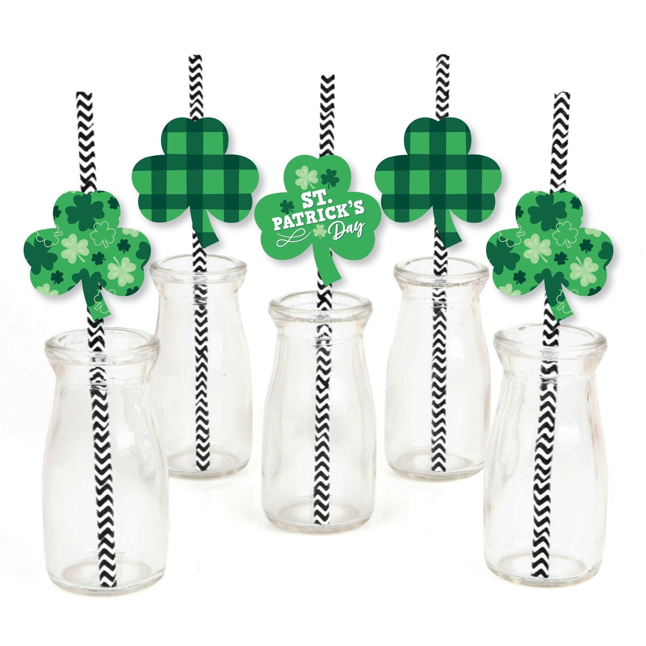Big Dot of Happiness Shamrock St. Patrick's Day - Paper Straw Decor - Saint Paddy's Day Party Striped Decorative Straws - Set of 24